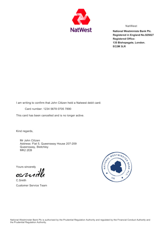 UK NatWest bank Debit Card Cancellation Confirmation Letter